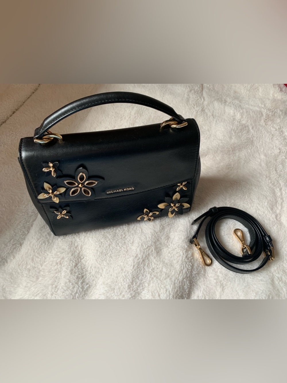 Michael Kors Ava Medium Black Floral Studded Top Handle Bag Detachable Strap